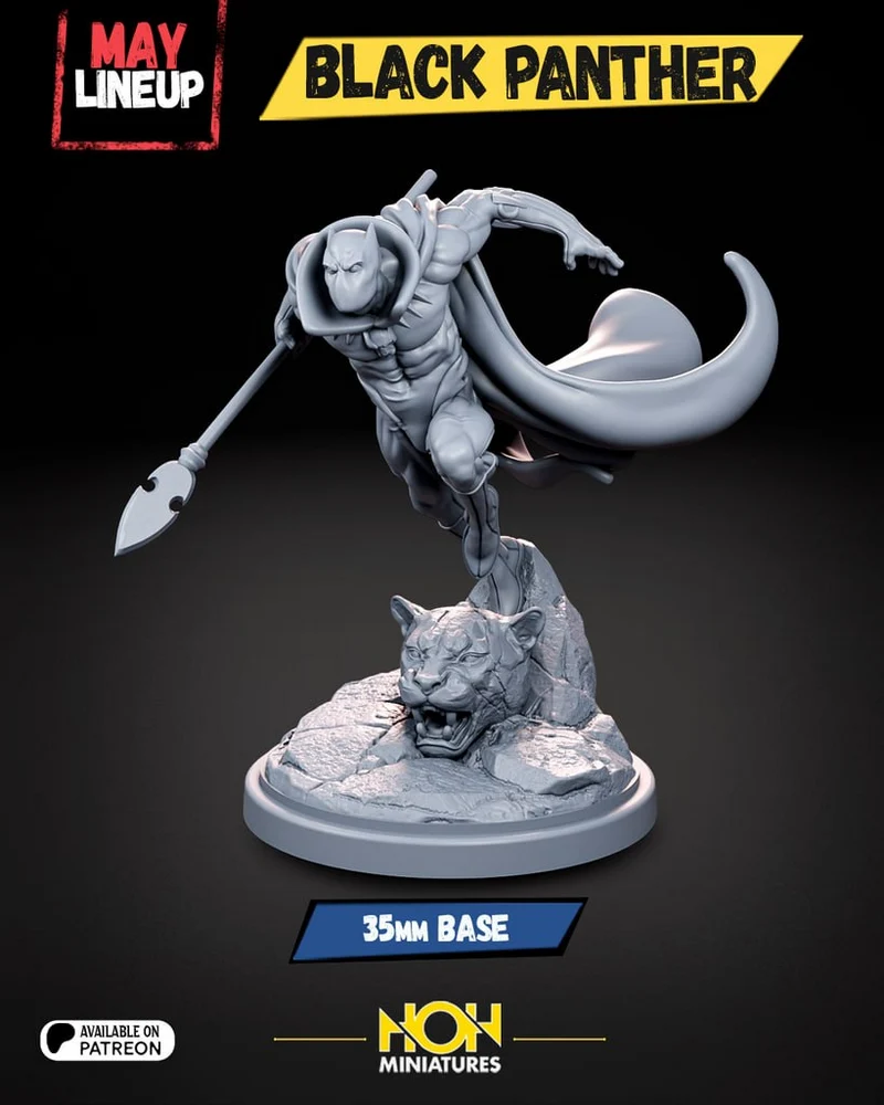Black Panther miniature with spear, flowing cape, panther base, and rocky display plinth