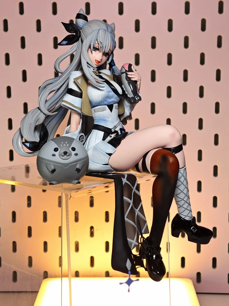 Vestia Zeta Hololive anime figure seated with silver hair and round gray companion