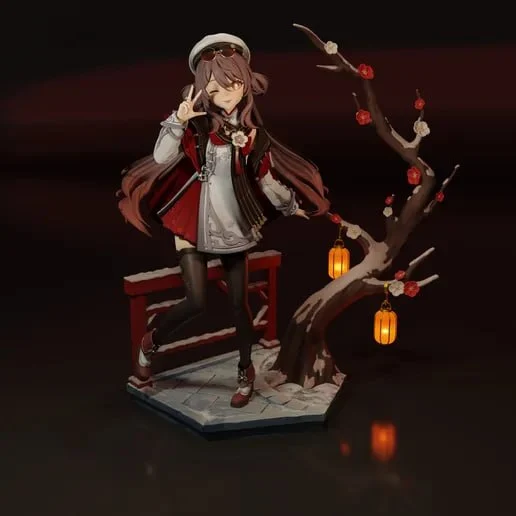 Hu Tao Genshin Impact 3D statue with lanterns, tree, bench, and base