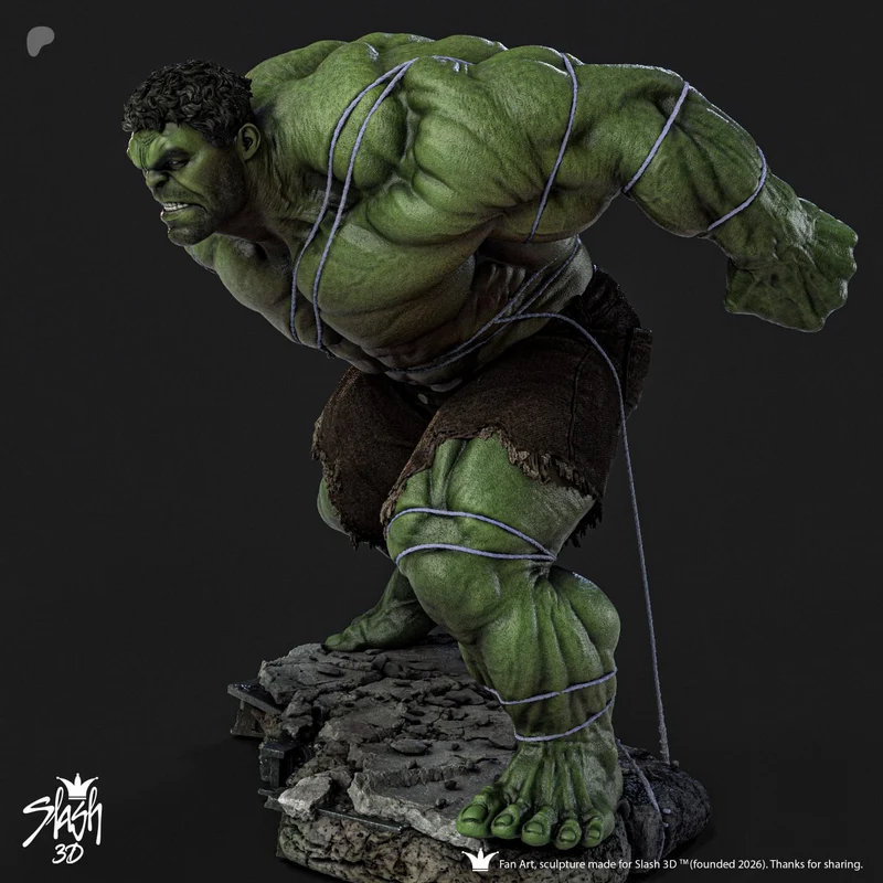 Marvel Hulk 3D statue crouching on a cracked rocky base with rope wraps