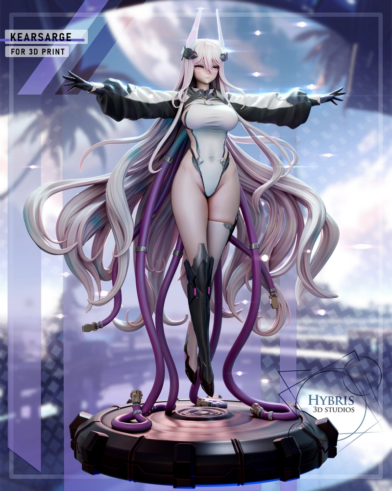 Kearsarge from Azur Lane with long hair, purple appendages, and a sci-fi base