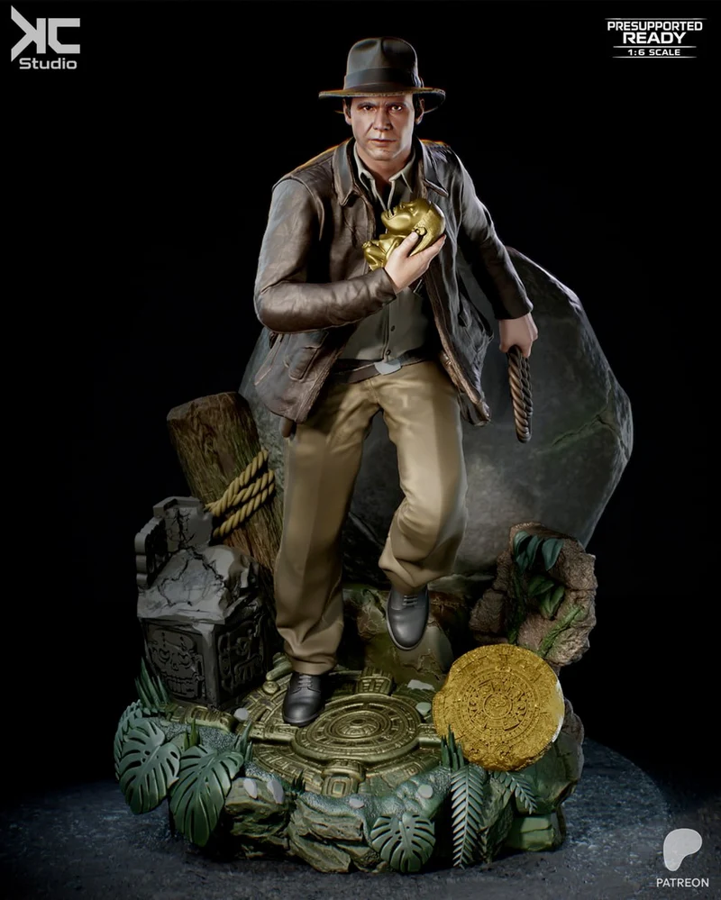 Indiana Jones character statue holding a golden artifact with a whip on a jungle-themed base