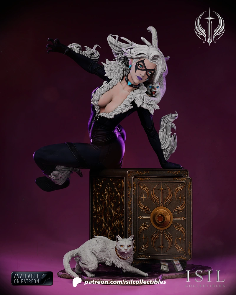 Marvel Black Cat statue with white hair, black catsuit, two cats, and an ornate display box