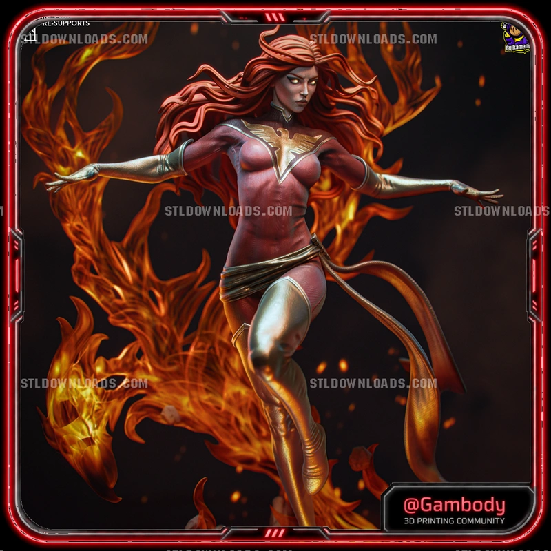 Jean Grey as Dark Phoenix in a red suit surrounded by sculpted flames