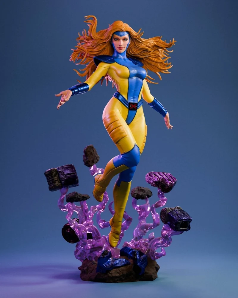 Jean Grey Marvel statue in a yellow-and-blue costume with purple energy effects