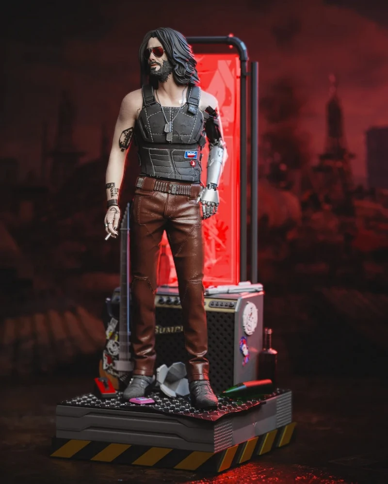 Johnny Silverhand Cyberpunk 2077 character statue with cybernetic arm