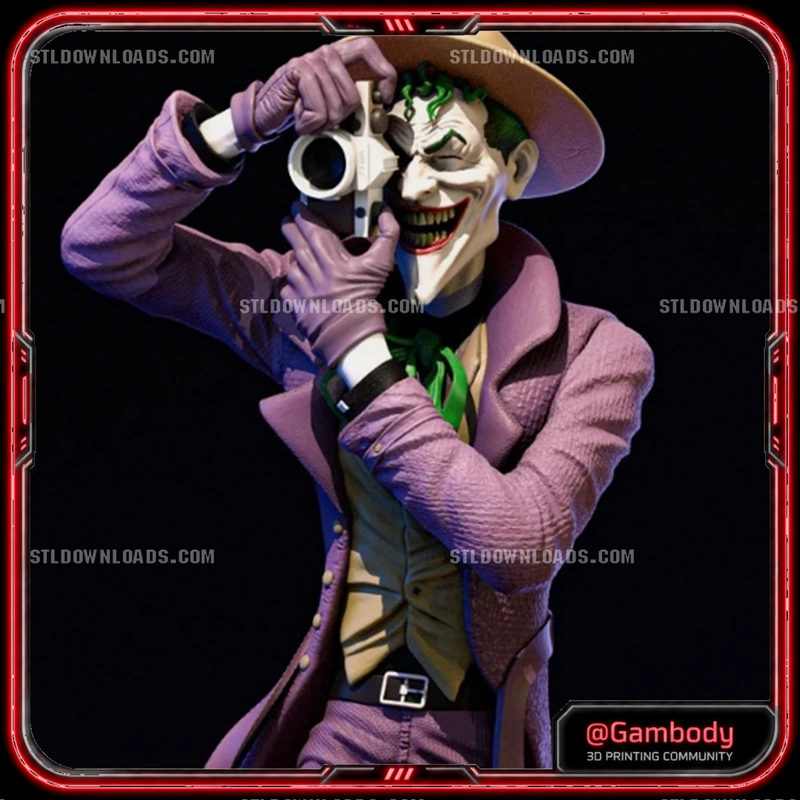 Joker character figurine in a purple suit holding a camera