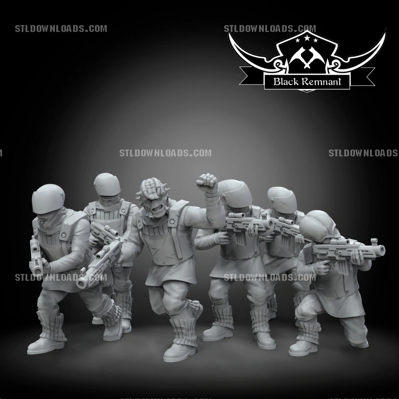 Five armored Star Wars sci-fi figures carrying detailed blaster-style weapons