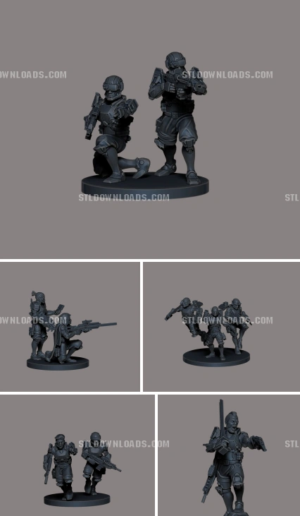 Armored sci-fi soldier miniatures with weapons on round bases