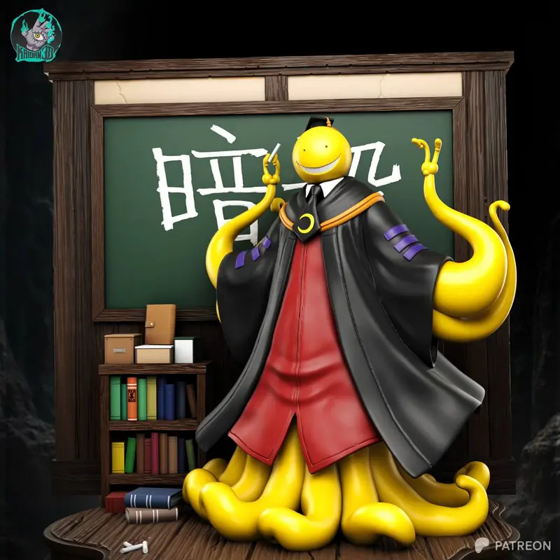 Koro-sensei 3D model in a black robe with yellow tentacles