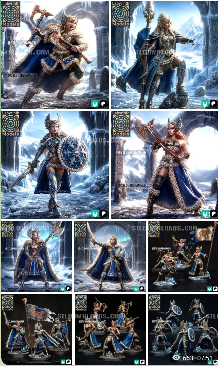 Fantasy warrior miniature collection with armored female figures and scenic bases