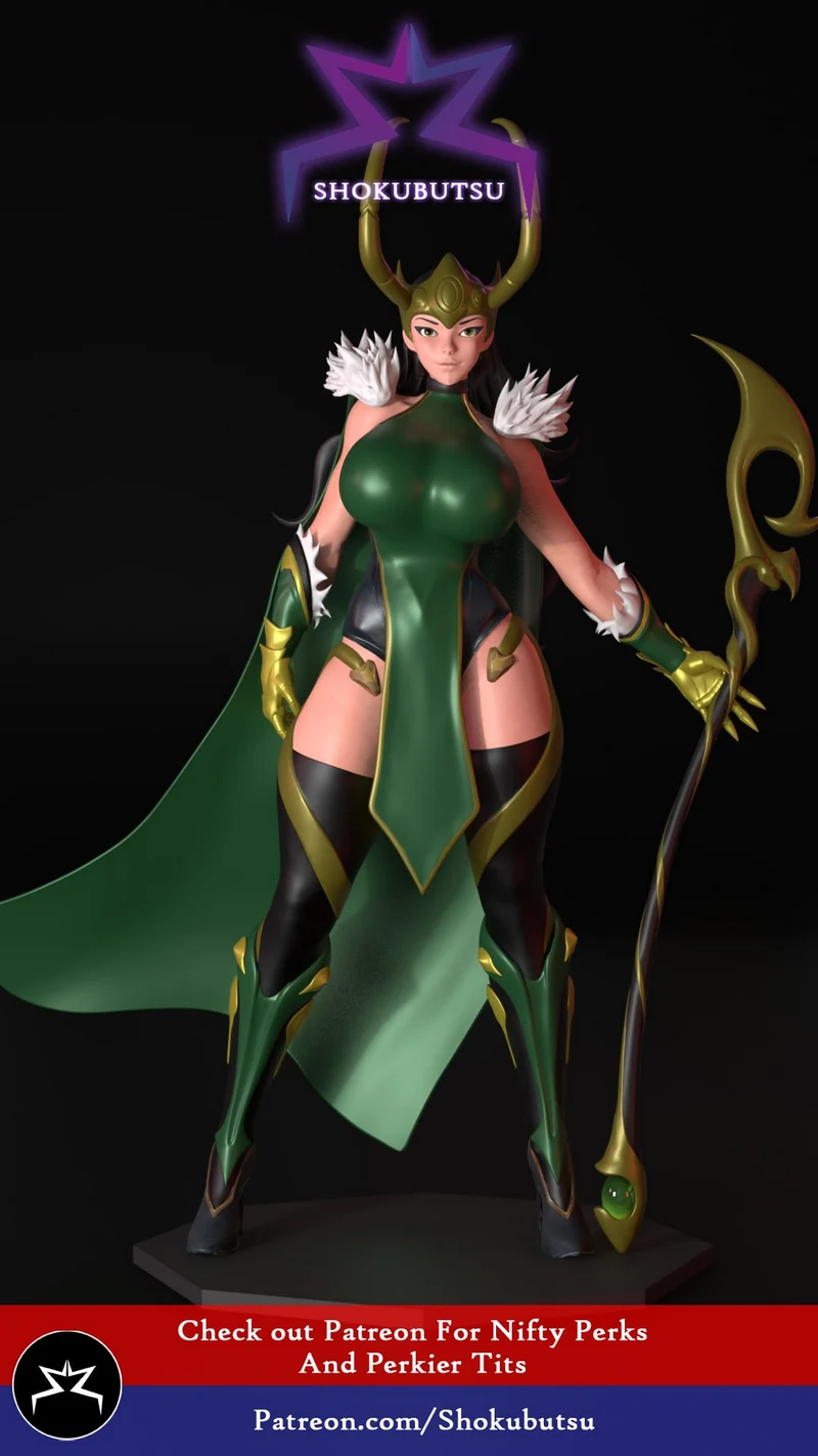 Lady Loki Marvel character statue wearing a horned helmet and holding an ornate staff