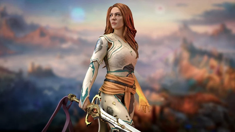 Laufey from God of War wearing light armor and holding an ornate sword
