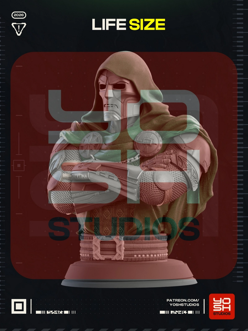 Doctor Doom Marvel bust with hood, metal mask, armor, cape, and pedestal