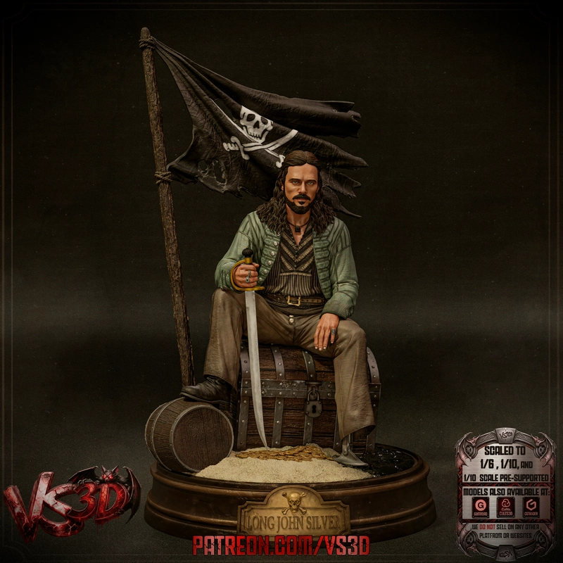 Long John Silver pirate statue with sword, treasure chest, barrel, coins, and skull flag