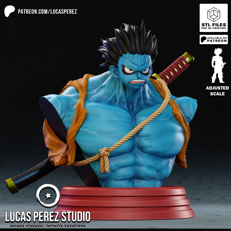 Nightmare Luffy blue muscular bust with sword, rope, and red pedestal