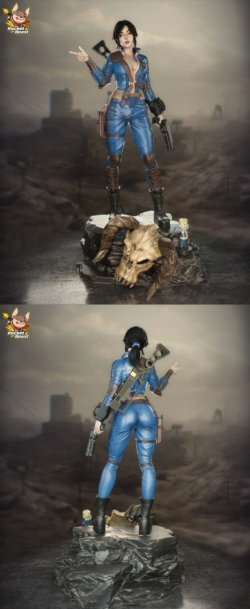 Lucy from Fallout 3D model in a blue outfit on a rocky skull display base