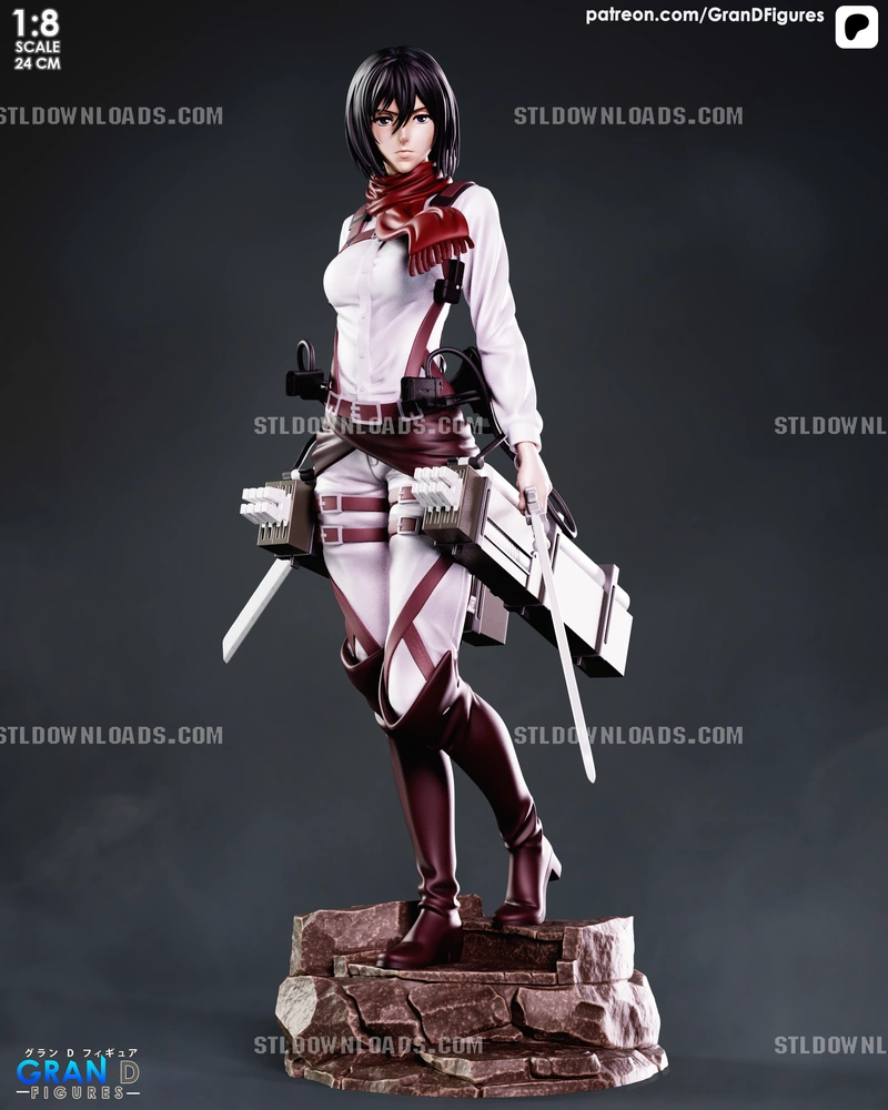 Mikasa Ackerman Attack on Titan statue with ODM gear and rocky base