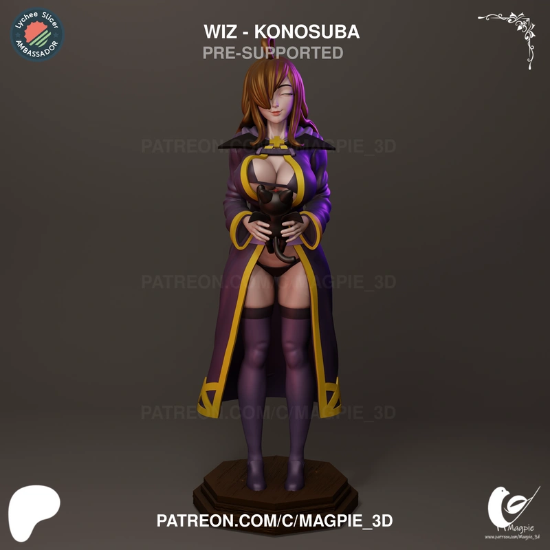 Wiz from KonoSuba in a purple and gold robe on a display base