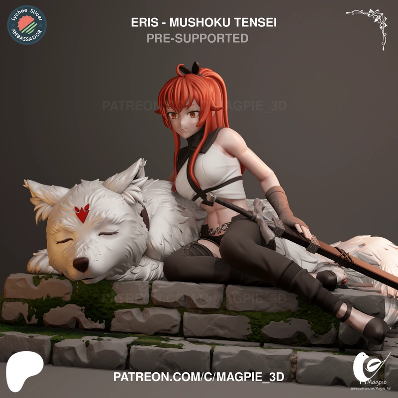 Eris Greyrat seated with a white fox-like companion and sword