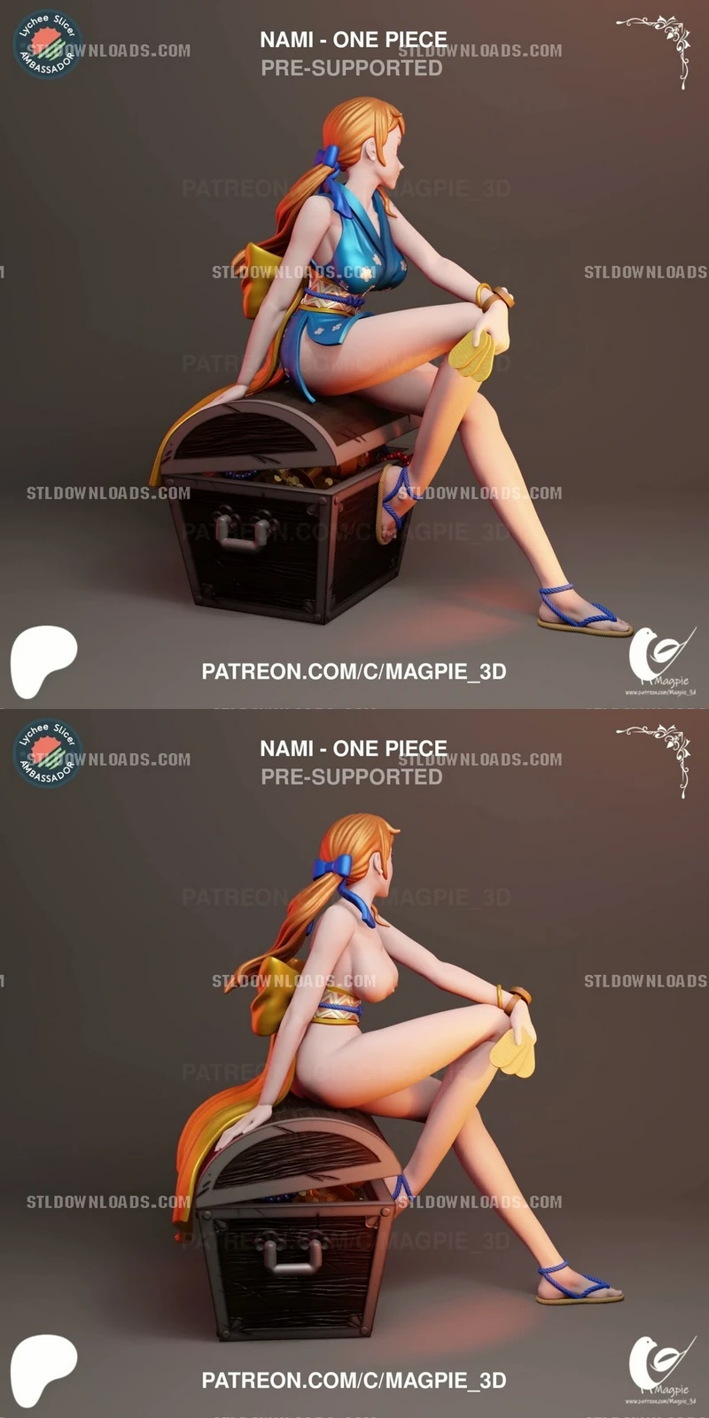 Nami from One Piece seated on an open treasure chest in a blue outfit