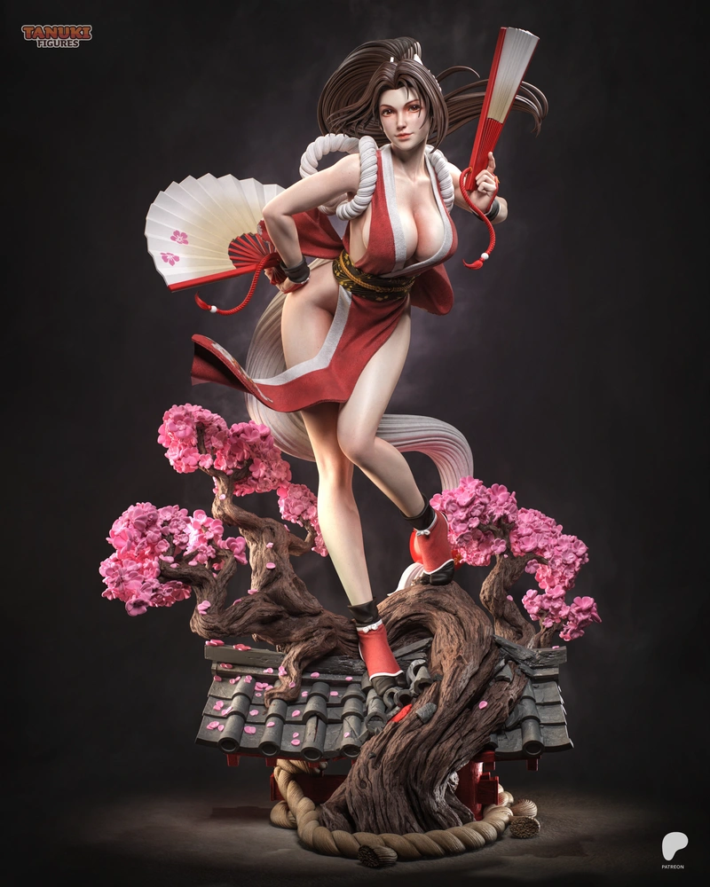 Mai Shiranui Fatal Fury figure with fans, blossoms, tree branches, and tiled roof base