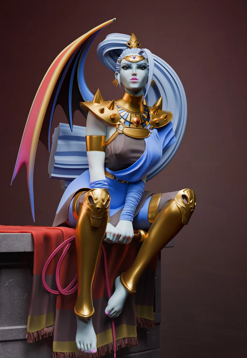 Seated Megaera from Hades with pale blue skin, white-blue hair, wings, and gold armor