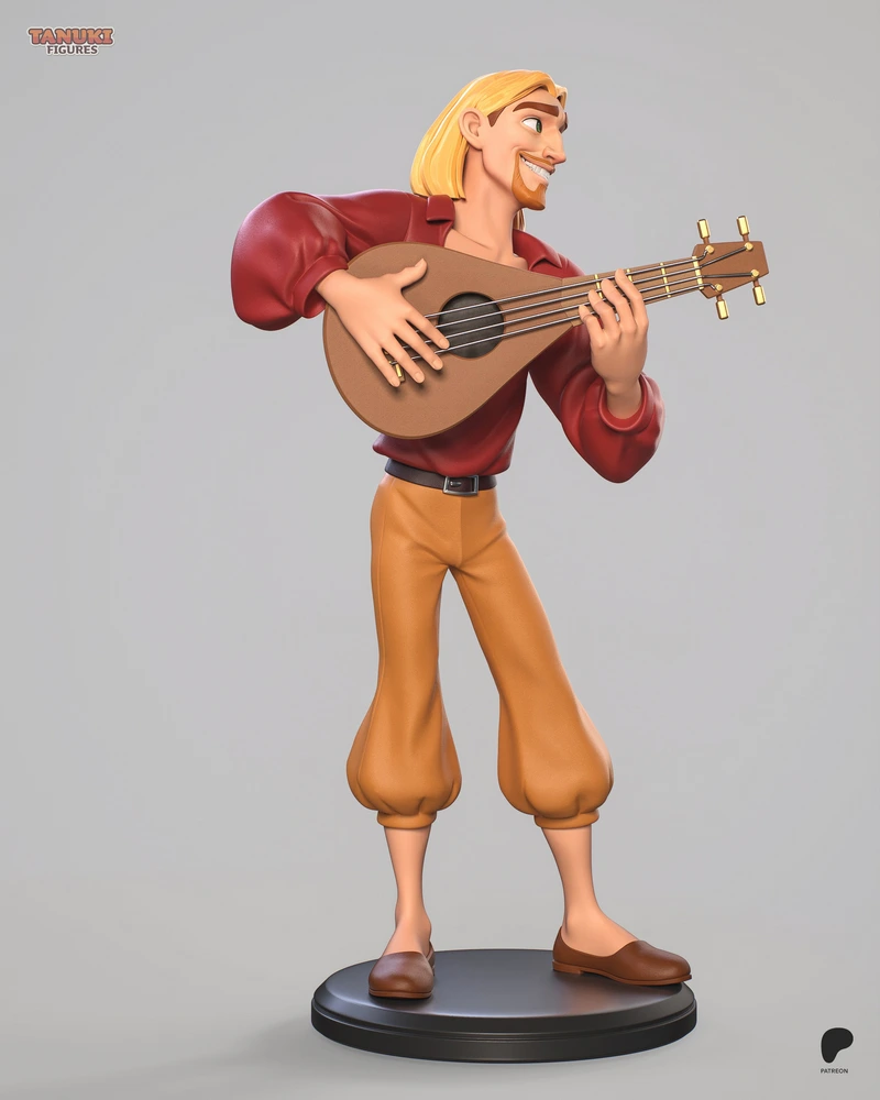 Stylized blond guitarist character statue holding an acoustic instrument on a round display base