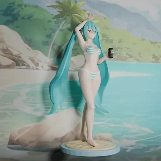 Hatsune Miku bikini figurine with turquoise twin-tails on a beach base