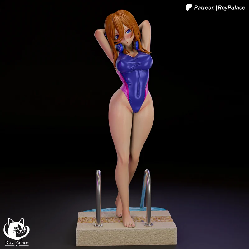 Miku Nakano anime figure in a purple swimsuit with raised arms