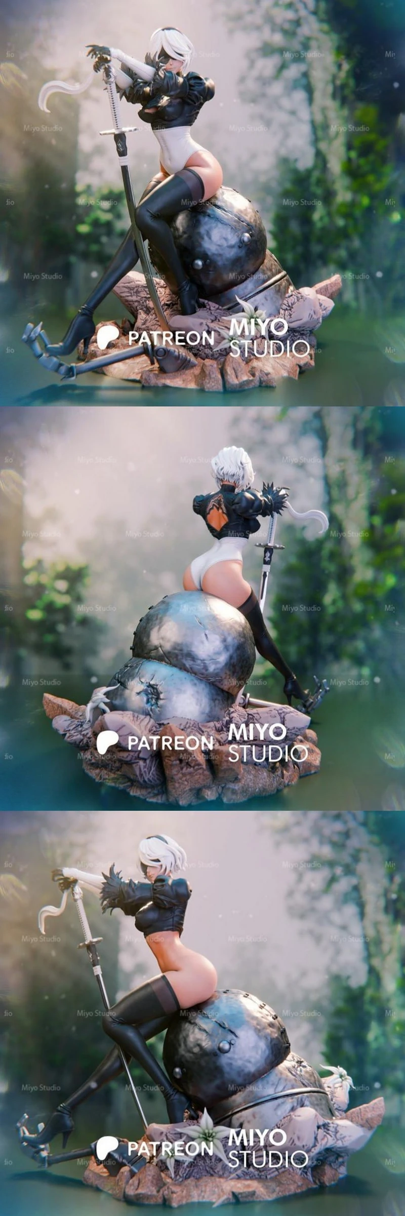 2B from NieR:Automata seated with her sword on a mechanical display base