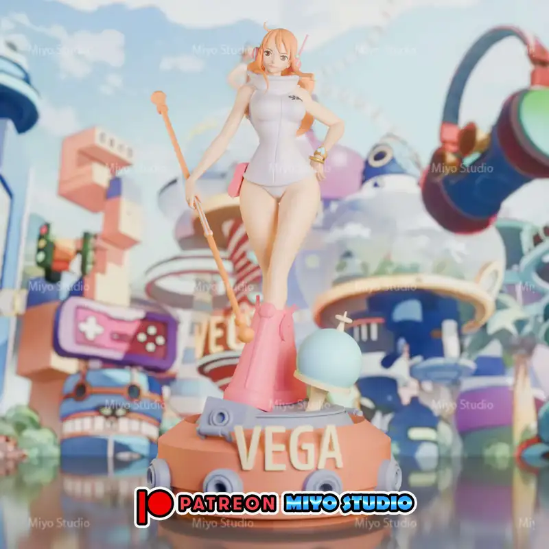Nami from One Piece standing with her staff on a VEGA display base