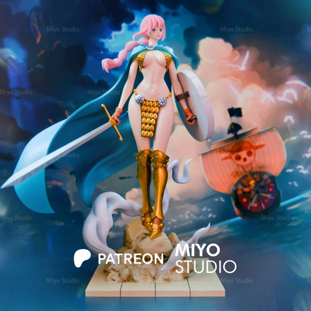 Rebecca from One Piece 3D model with sword, shield, blue cape, pink hair and gold armor