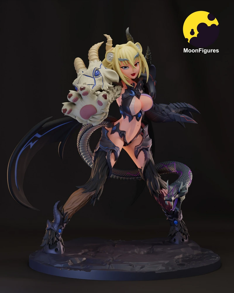 Chimaera fantasy character statue with horns, tail, creature companion and display base