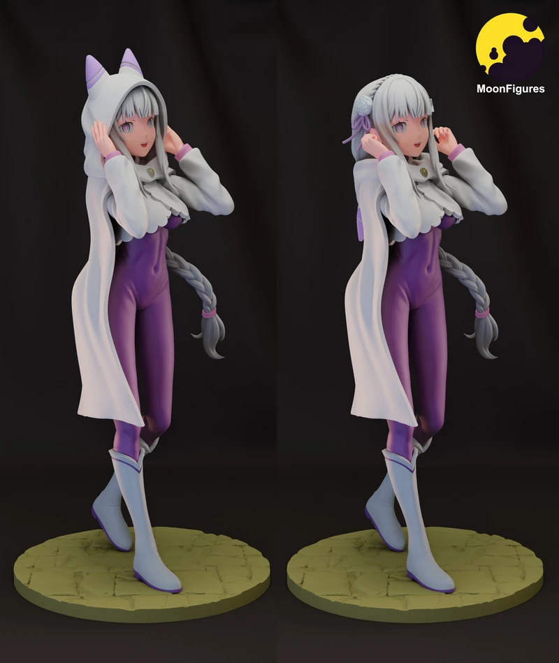 Emilia from Re:Zero standing on a round base with white hair and purple clothing