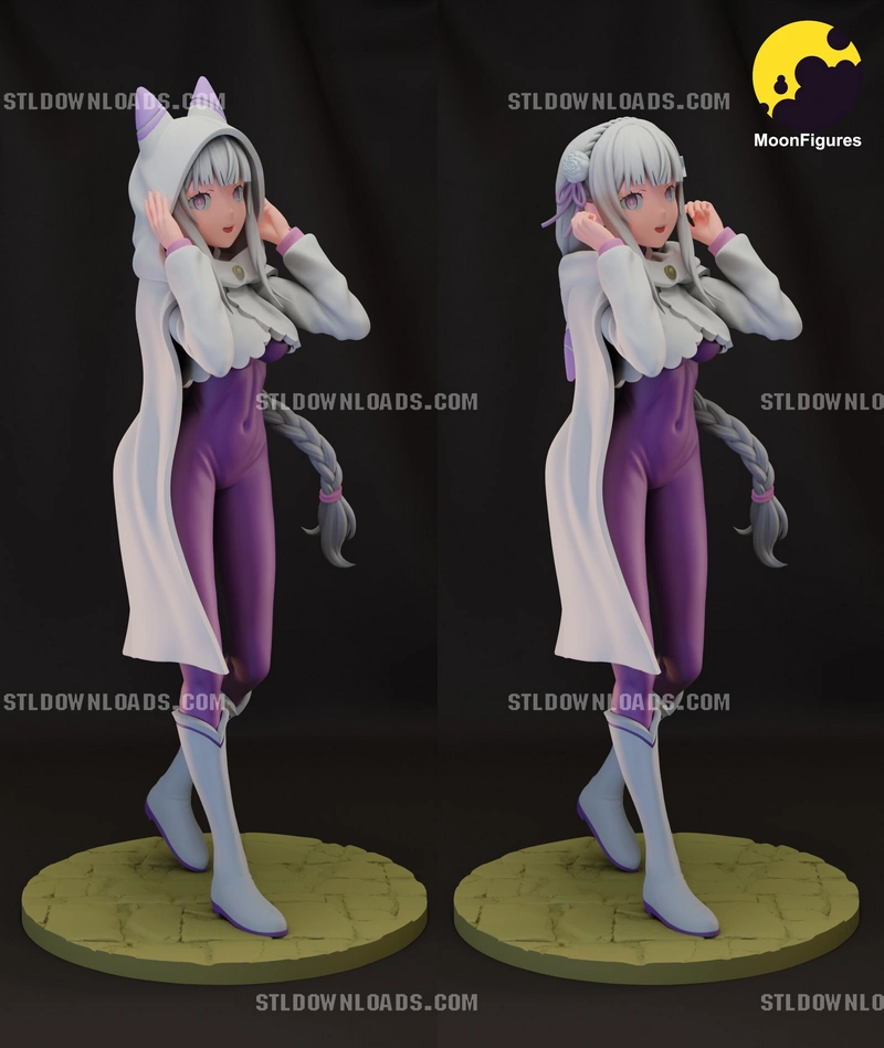 Emilia from Re:Zero in a white hooded outfit on a display base