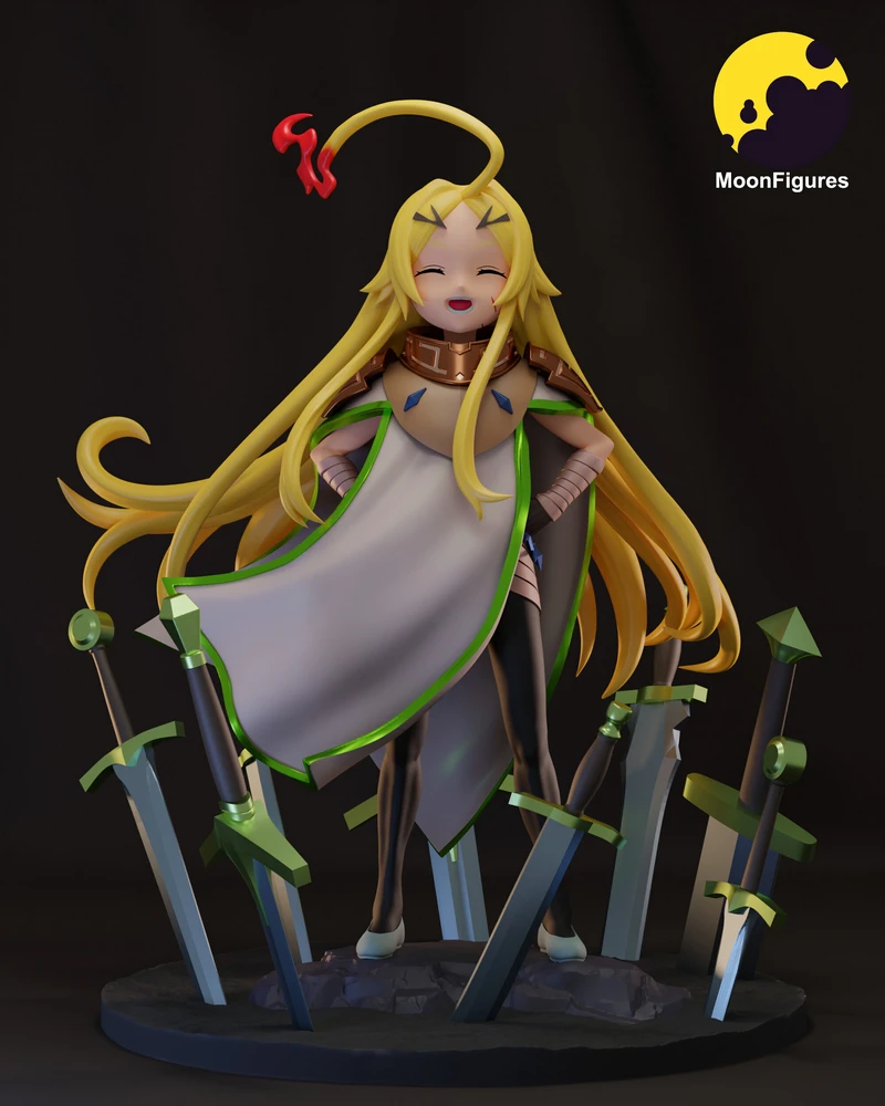 Teoritta fantasy character statue with long blond hair, swords, and a circular base