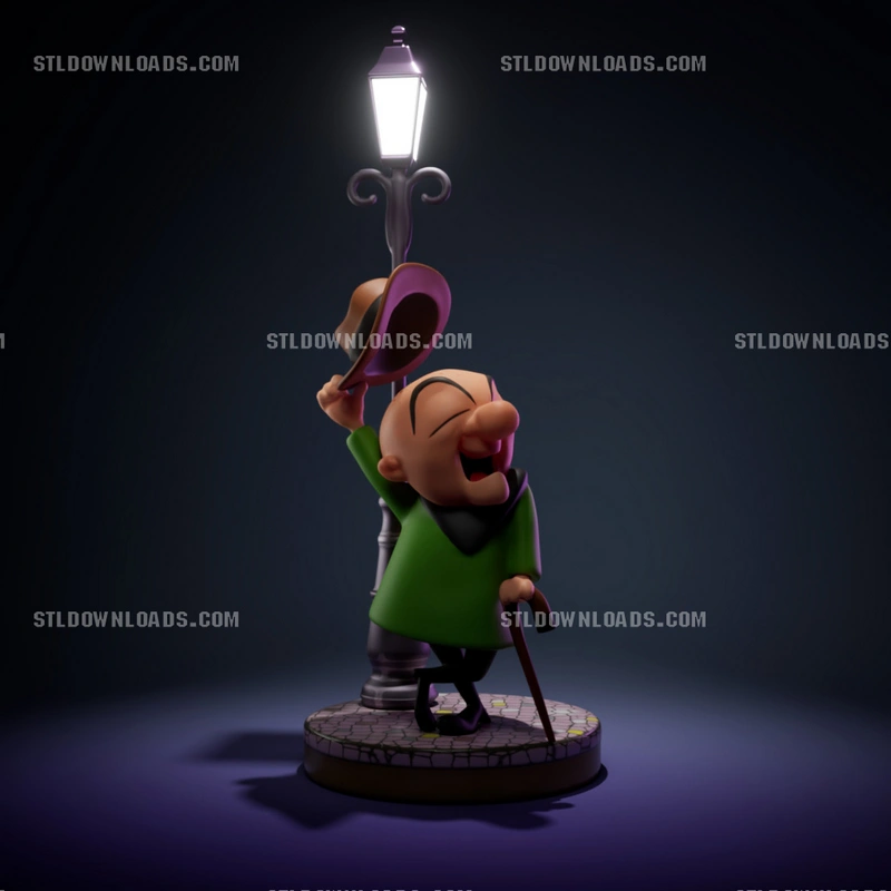 Mr. Magoo cartoon figurine with hat, cane, green coat, and street lamp