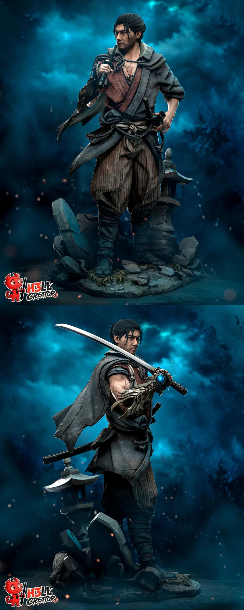 Musashi Onimusha samurai character statue holding a sword on a rocky base