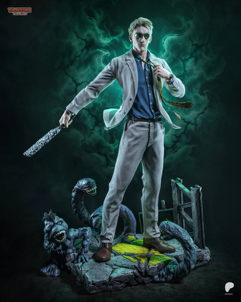 Kento Nanami in a suit holding a wrapped blade above cursed creatures