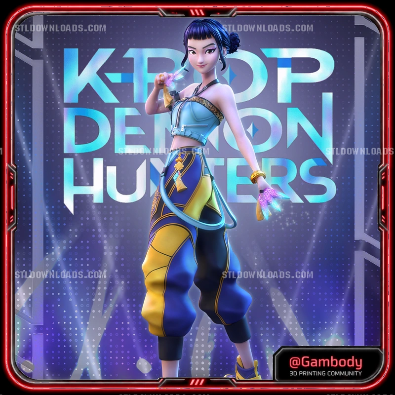 Zoey from KPop Demon Hunters in a blue and yellow full-body outfit