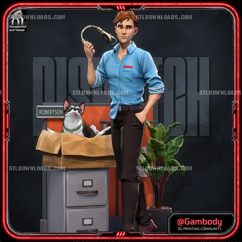 Stylized Robert from Dispatch with a headset, cat, parcel box, and potted plant