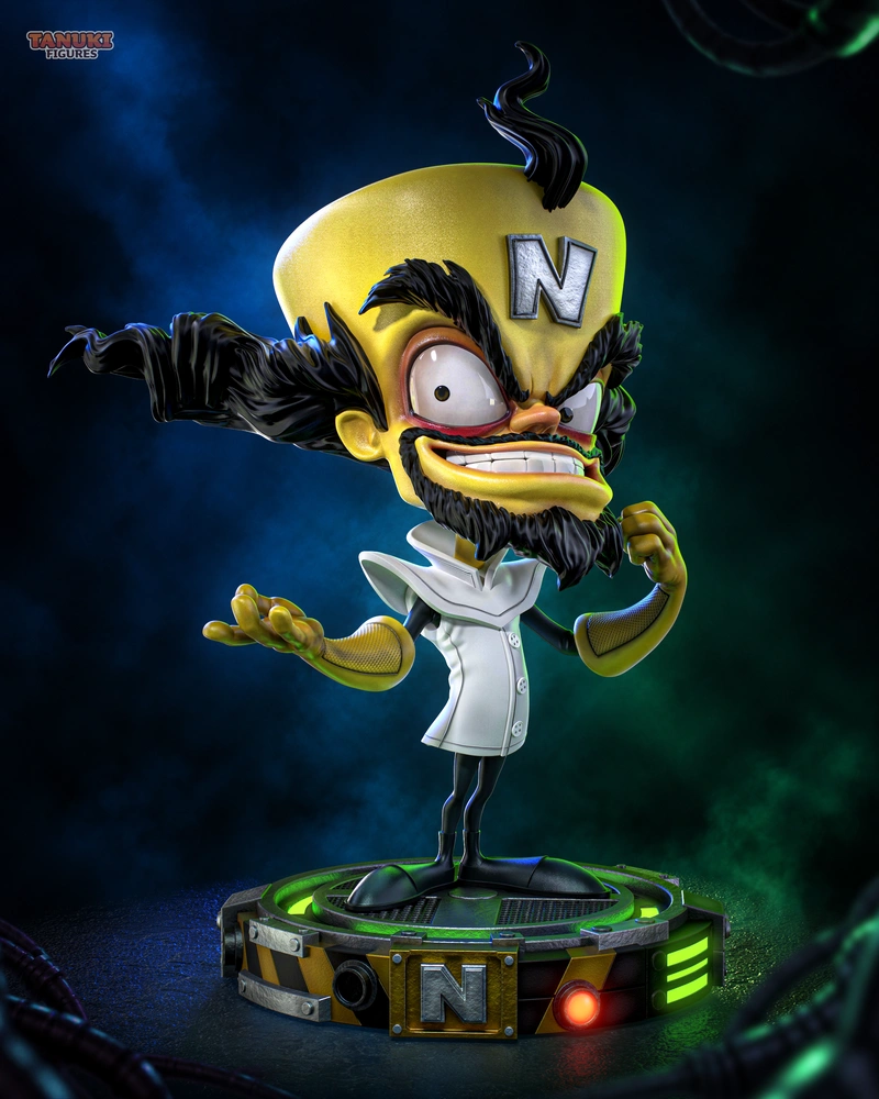 Neo Cortex Crash Bandicoot 3D character statue with N cap and sci-fi display base