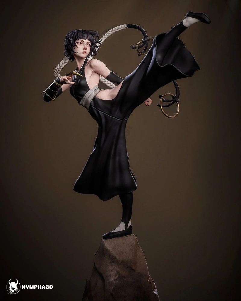 Soi Fon from Bleach in a dynamic high-kick statue pose