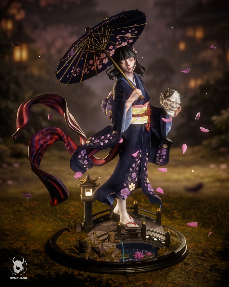 Hannya Maiden original character statue with kimono, parasol, oni mask, flowing tails, and scenic base.