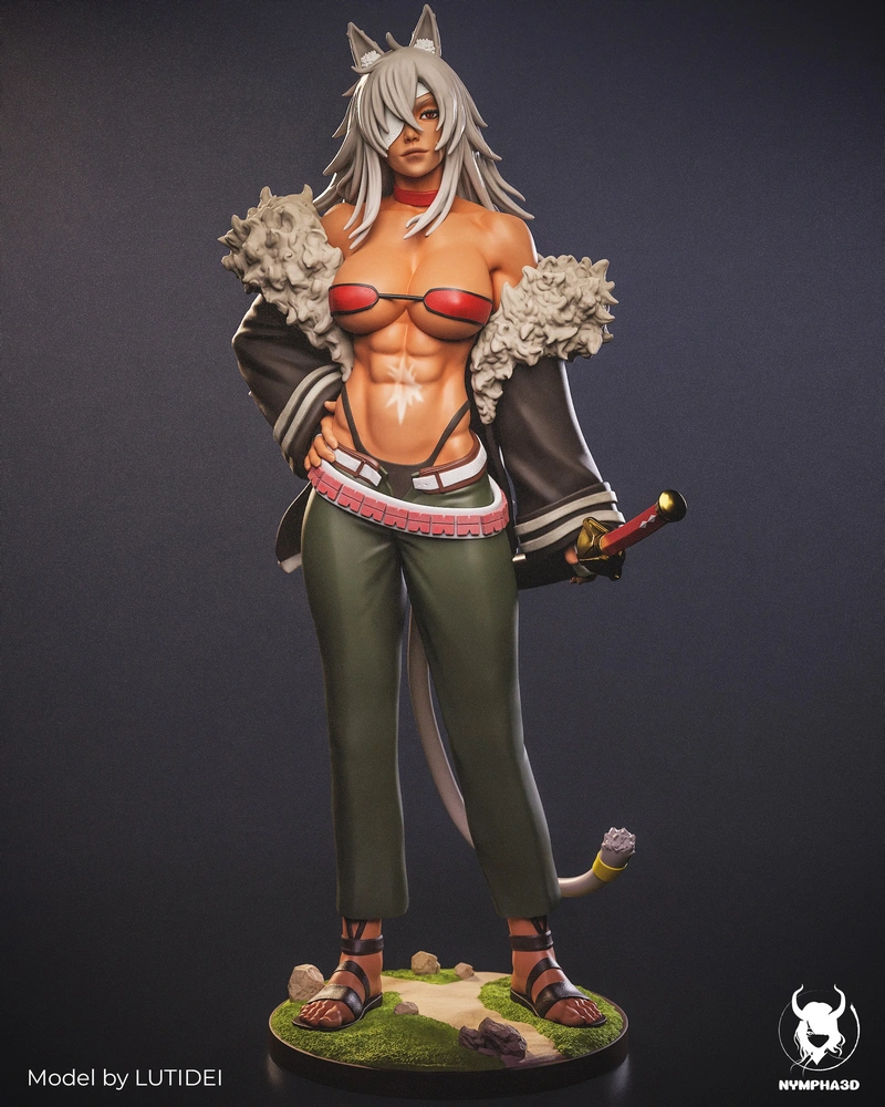 Ghislaine Dedoldia anime character statue with sword on a scenic base
