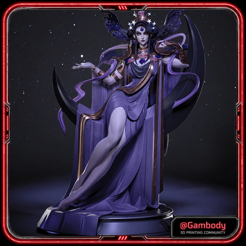 Nyx from Hades character statue with purple robes and dark wing-like forms