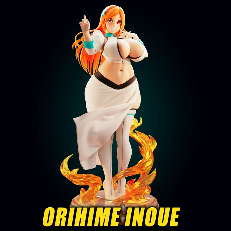Orihime Inoue Bleach 3D figure with orange hair and flame base