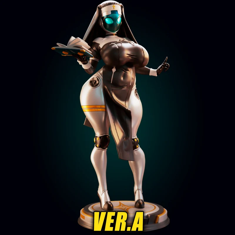 Nun Bot robotic nun character with turquoise eyes on a display base