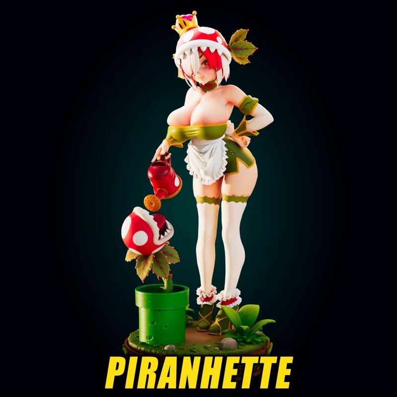 Princess Piranhette with a watering can and piranha plant statue